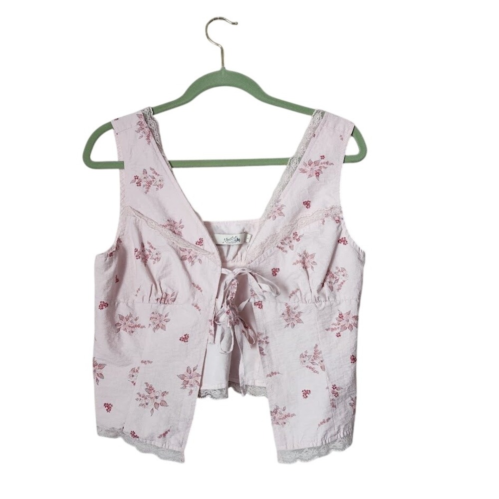 NECTAR Ditsy Floral Vest Coquette Cottagecore Lace Tie Front pink babydoll L